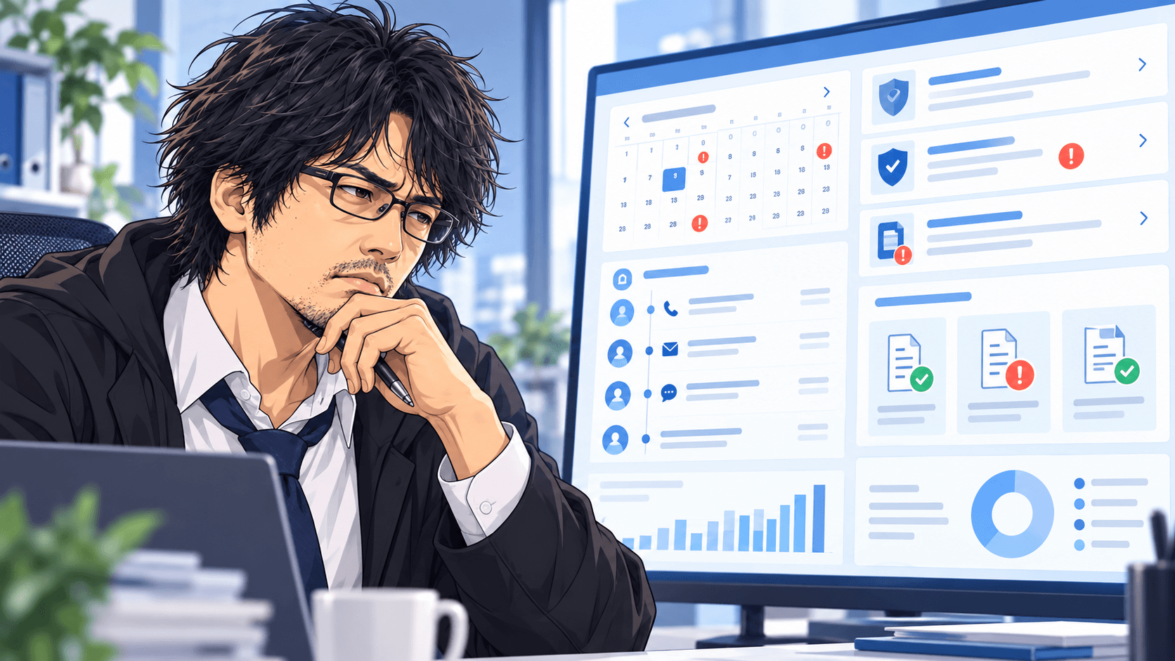 夢野ダイが保険代理店の契約更新期限と対応履歴を管理するダッシュボードを確認するイラスト