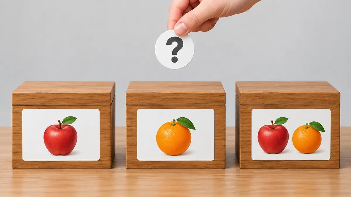 りんご、みかん、ミックスのラベルが付いた3つの箱から1個だけ取り出す論理クイズ