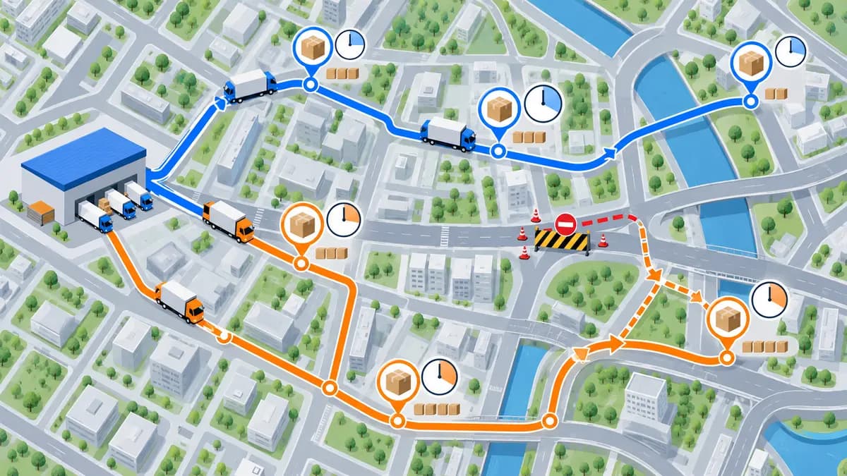 時間指定や通行止めを考慮した配送ルート最適化の図解