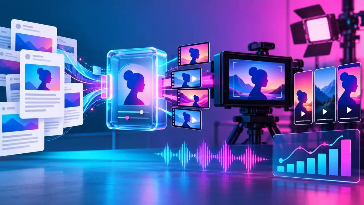 記事カードからカメラ、短い動画、分析へ展開するコンテンツ制作の流れ