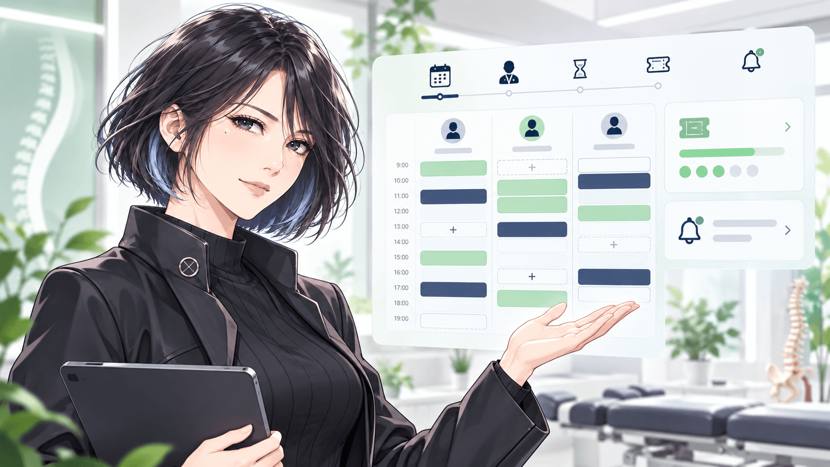 時任ミライが整体院の施術者別予約枠と回数券を管理する画面を案内するイラスト