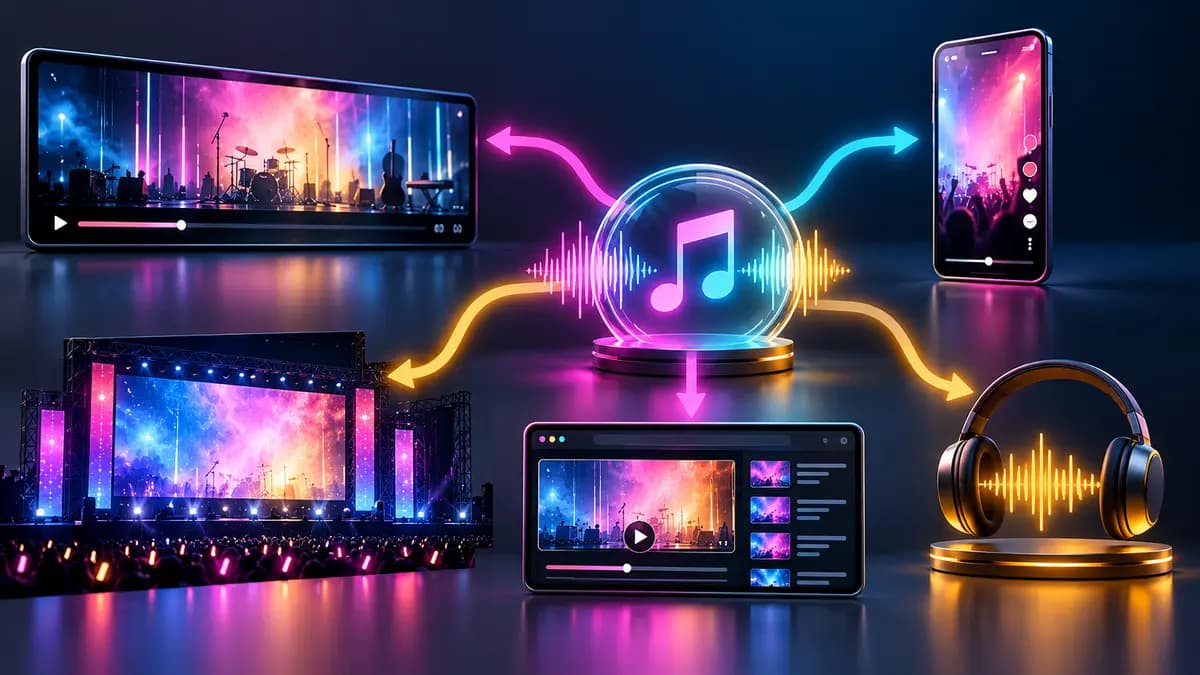 オリジナル曲から動画、ショート動画、イベント、Web、音声へ展開する図