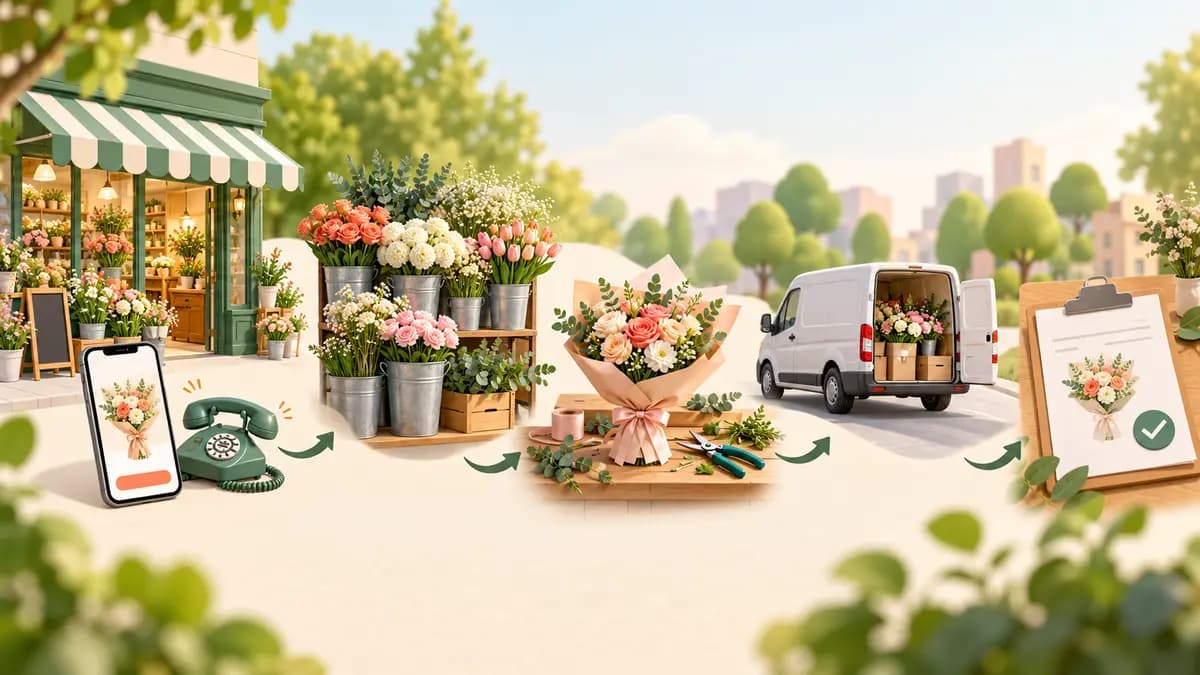 花店の注文から在庫確認、花束制作、配送までを表す業務フロー